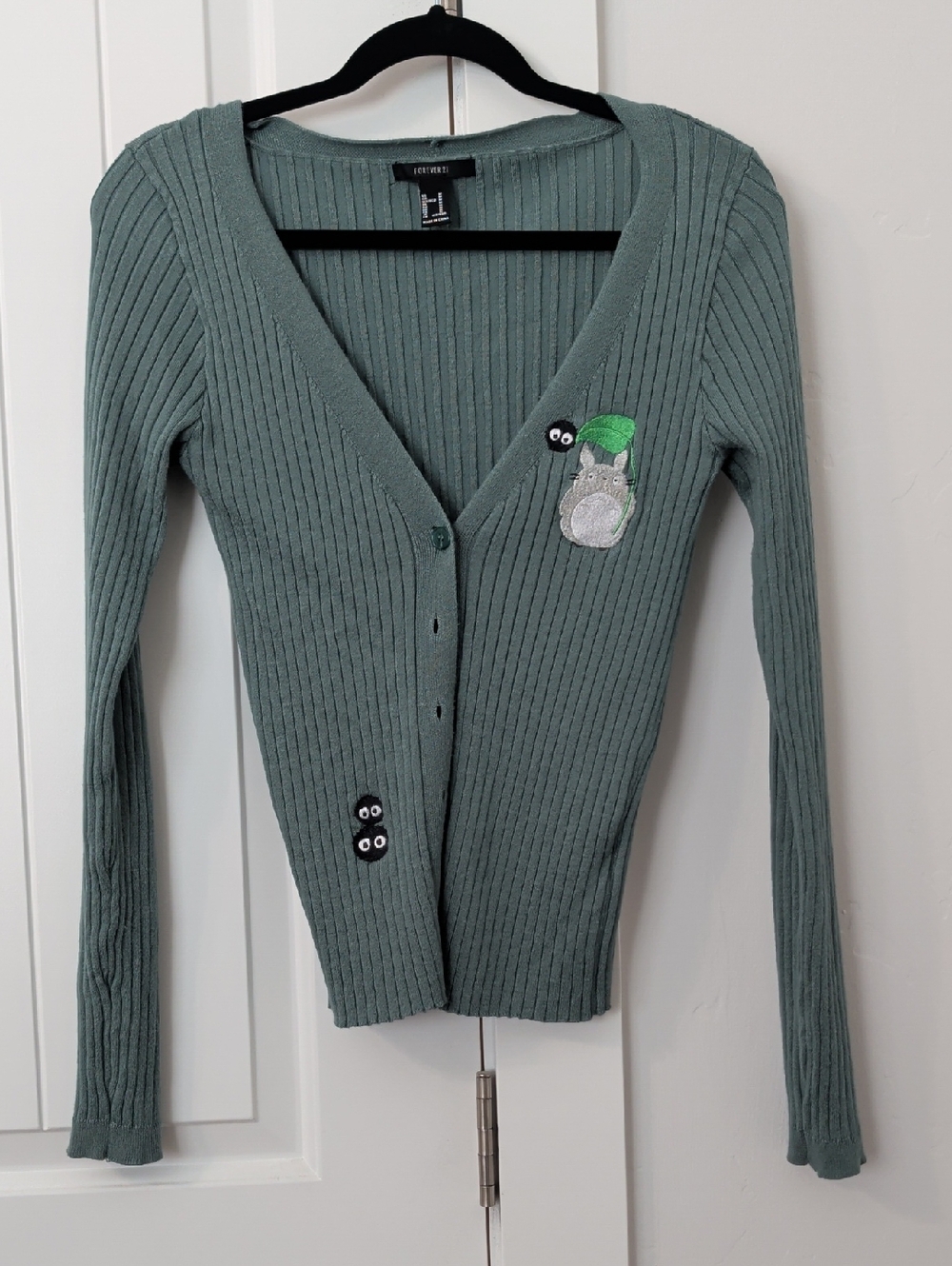 Forever 21 'My Neighbor Totoro' Embroidered Ribbed Cardigan — Size M